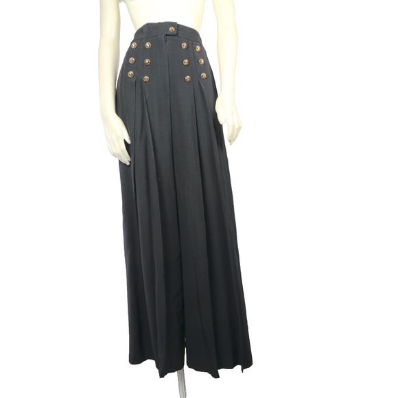Vintage Black High Elastic Waist Wide Leg Dress Pants Gold Button Trousers Sz 4 - Picture 1 of 16